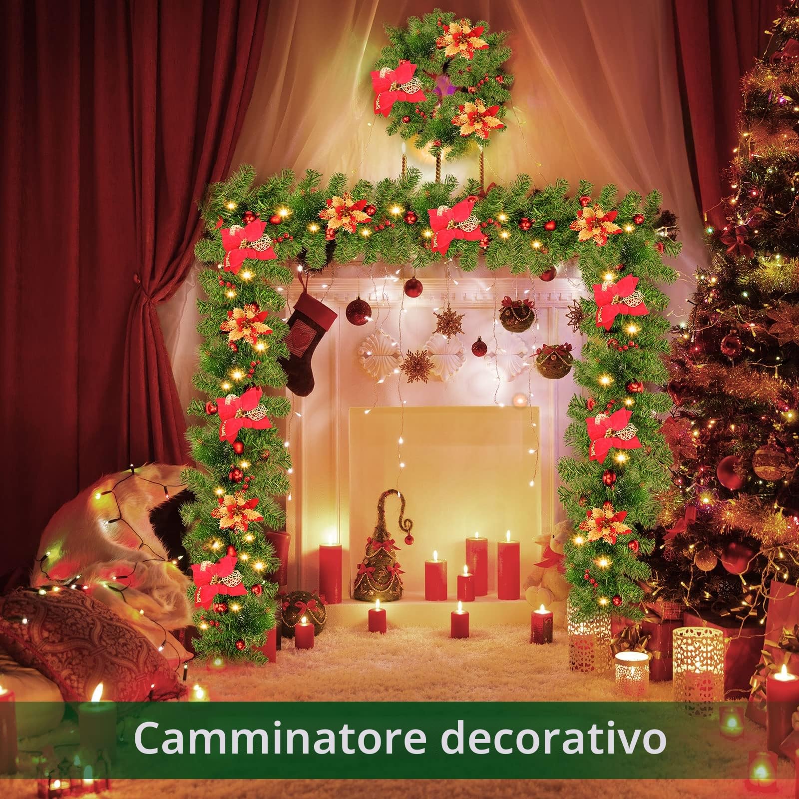 Ghirlanda Natalizia, 2.7M/9 Piedi Decorazioni Natalizie Ghirlande Natalizie con Luci 30LEDs, Festone Natalizio Artificiale per Esterno & Interno, Festoni Natalizi Addobbi Natale per Porta,Camini,Scale
