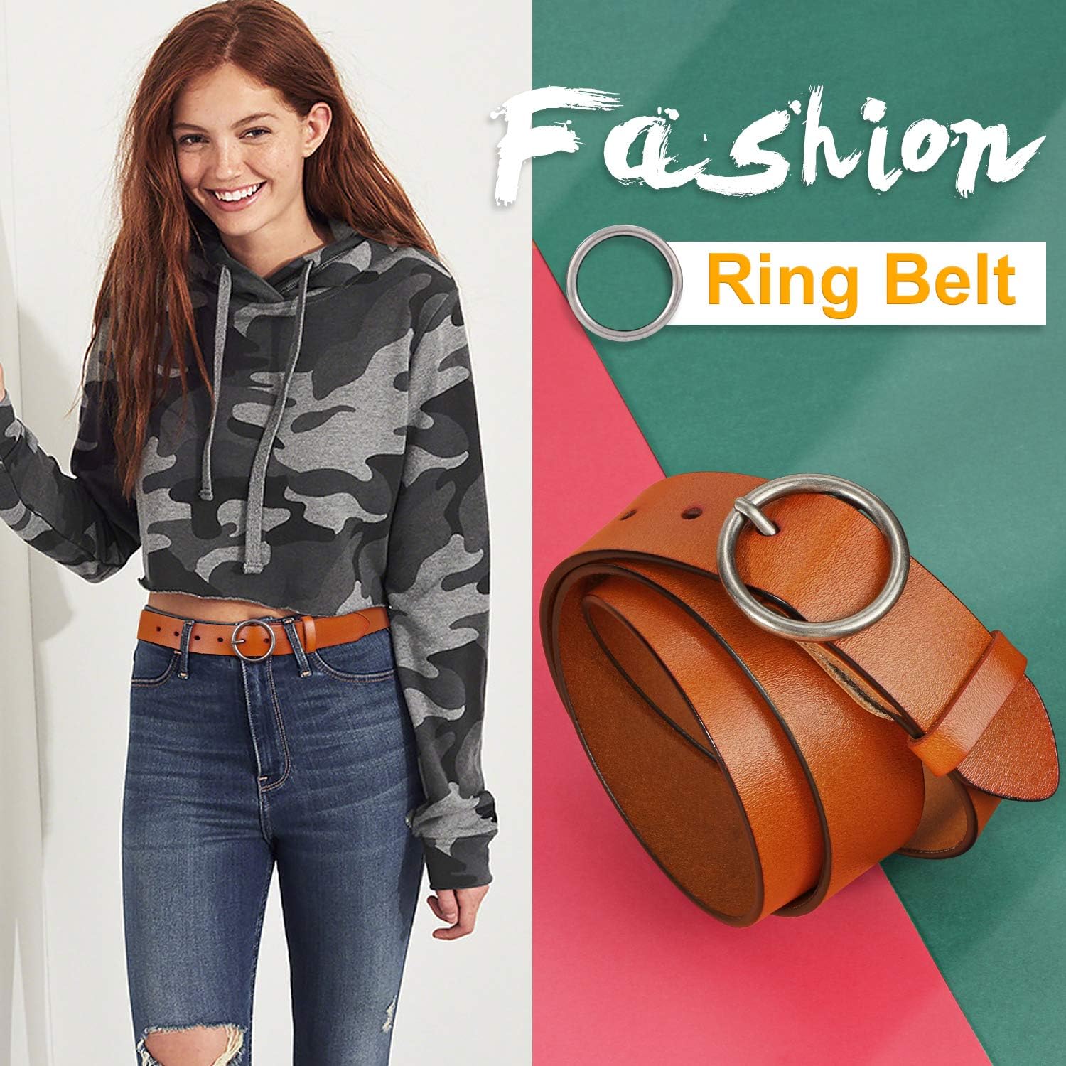 WERFORU Women Casual Dress Belt Fashion Leather Belt with O Ring Buckle for Jeans Pants at  Women’s Clothing store