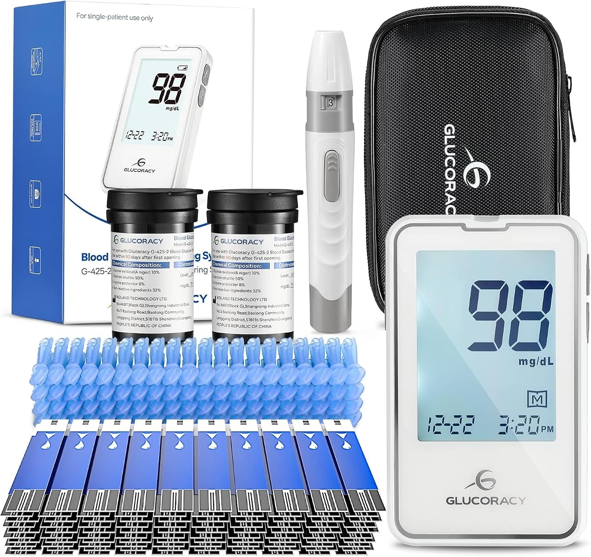 Blood Glucose Monitor Kit, 100 Blood Sugar Test Strips, No Coding | 100 Lancets, Glucometer, Lancing Device, Travel Case, Diabetic Home Testing Kit, Reliable & Portable Blood Sugar Testing kit