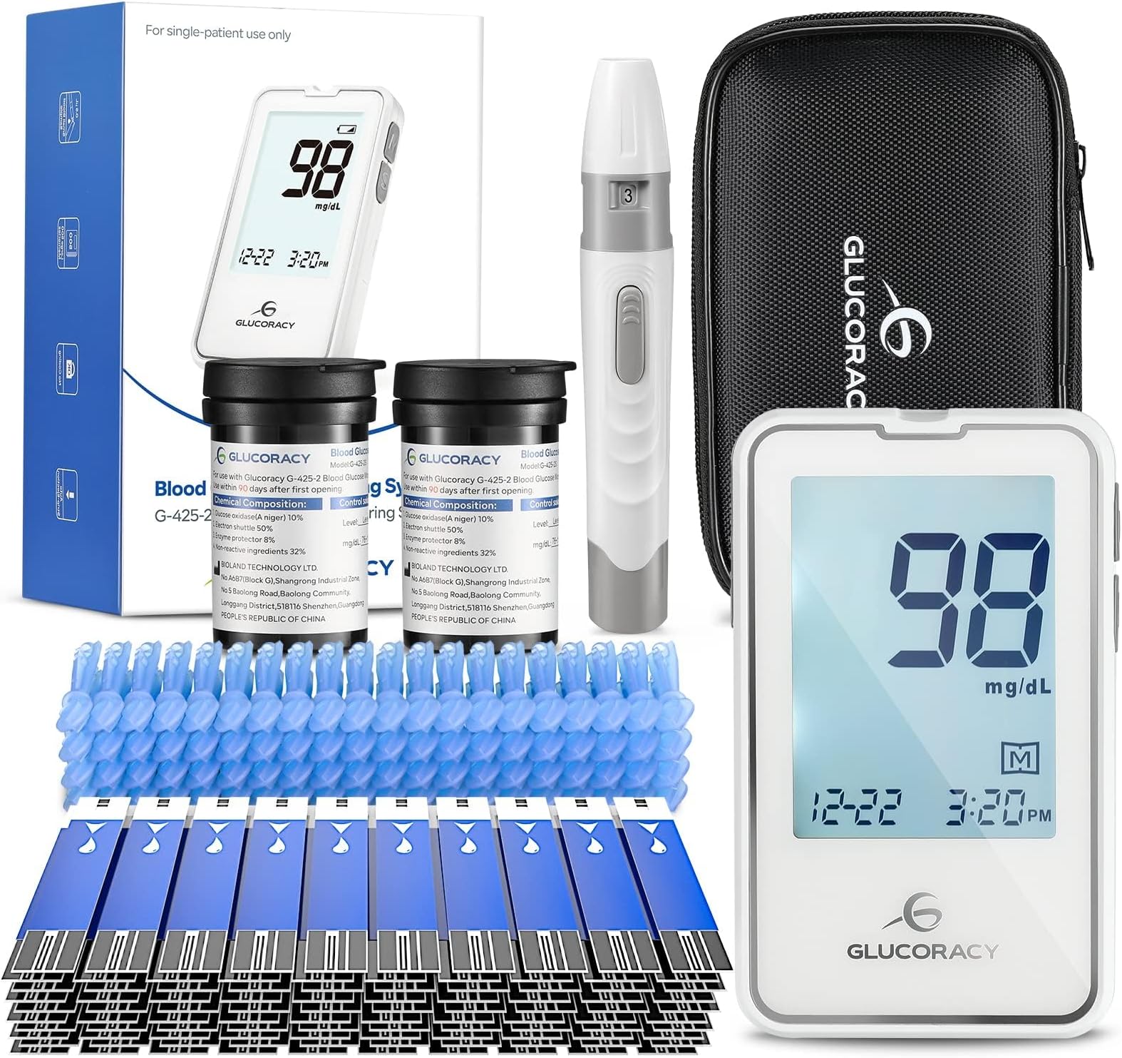 Blood Glucose Monitor Kit with 100 Blood Sugar Test Strips & Lancets, Glucometer, Lancing Device, Travel Case, Diabetic Home Testing Kit