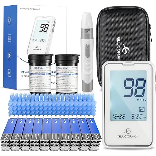 Glucoracy Blood Glucose Monitor Kit with 100 Blood Sugar Test Strips & Lancets, Glucometer, Lancing Device, Travel Case, Diabetic Home Testing Kit