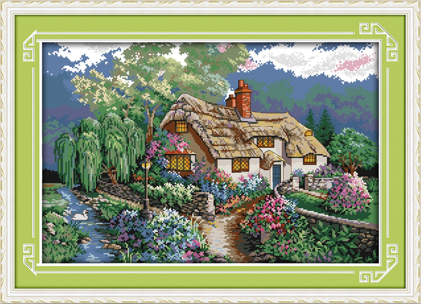 YEESAM ART Unstamped Cross Stitch Kits for Adults, Sunset Huts 14ct Counted Unprinted Embroidery Kit Needlework Wall Art Decor