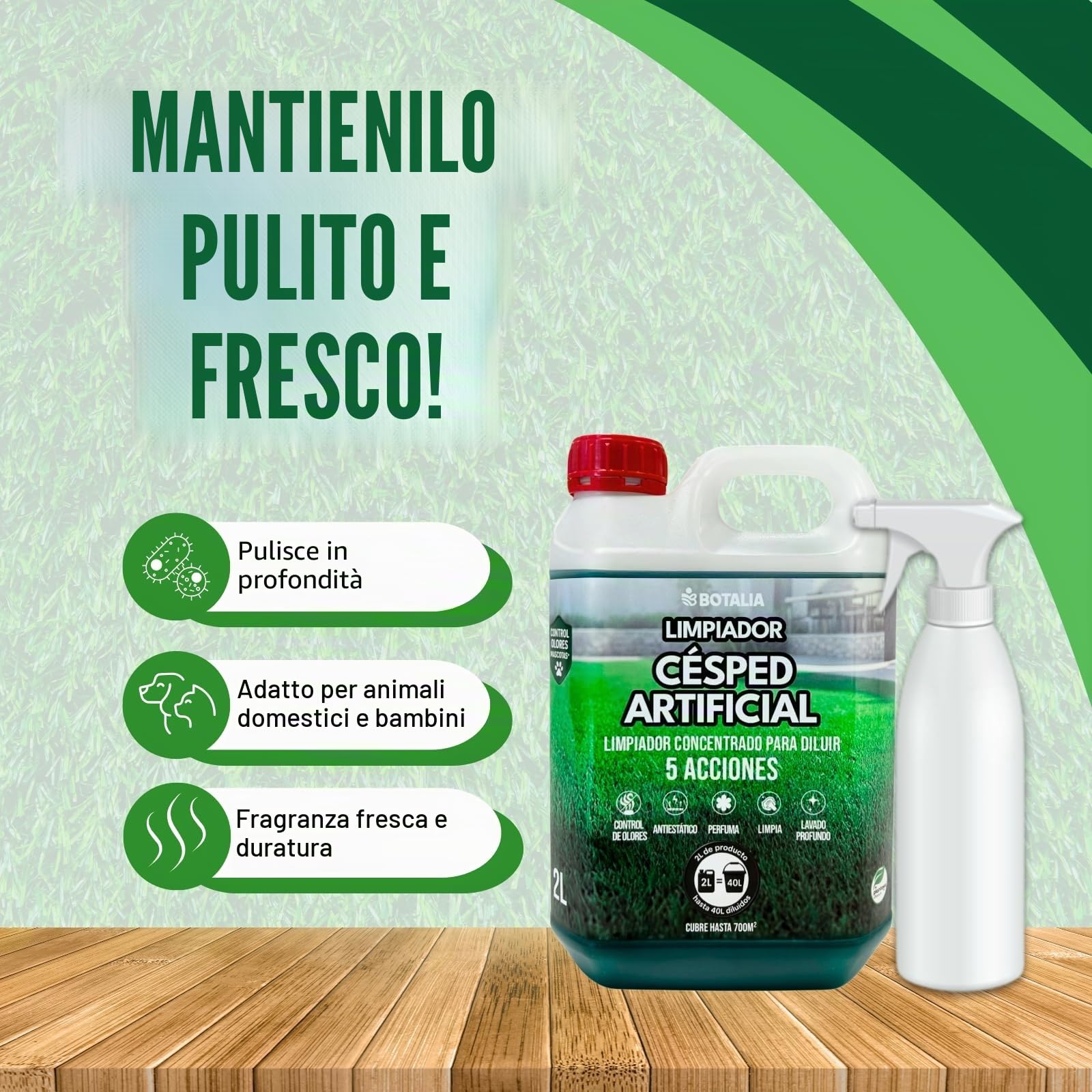 PLANTAWA Detergente per Prato Artificiale 2L Concentrato | Prodotto fino a 40L Reali | Pulizia Esterna per Giardini, Terrazze e Cortili con Animali Domestici | Aroma Fresco Duraturo