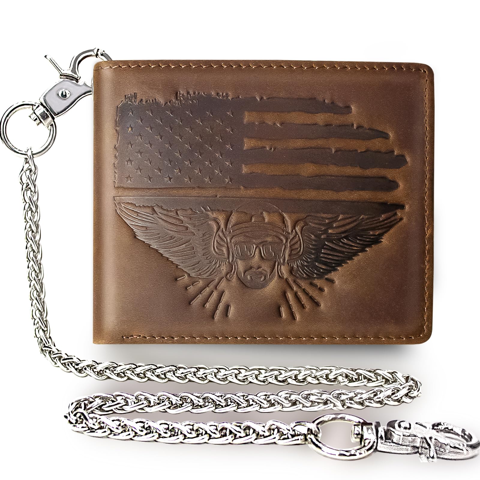 boshiho Carbon Geldbörse für Herren - Geldbeutel Leder Schwarz Boss mit Kette Kreditkartenetui mit RFID-Schutz 13 Fächer Münztasche & Slim Design Portemonnaie aus Karbonfaser (Brown-Leather Flag)