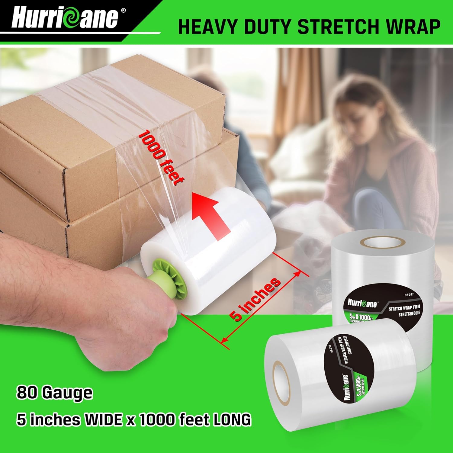 HURRICANE Stretch Wrap Film Refill Rolls, Clear Stretch Wrap Refill Roll, 2 Pack 80 Gauge Thick 5 inch 1000 ft, Clear Plastic Pallet Shrink Film, Stretch Plastic Wrap for Packing, Moving, Storage