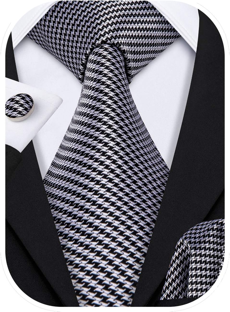 Barry.Wang Black Grey Tie Set Hanky Cufflinks Necktie for Men Check Plaid