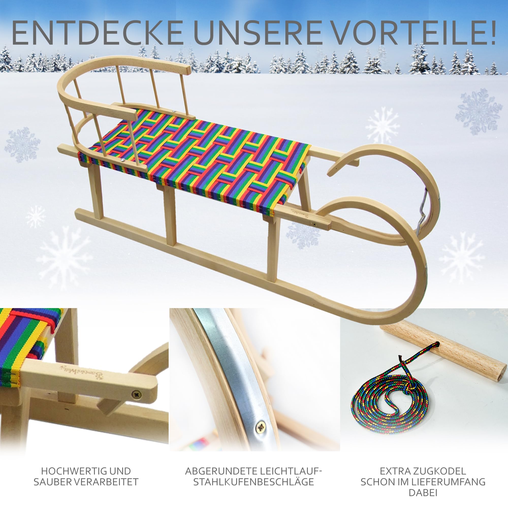 BAMBINIWELT Hörnerrodel 120 cm Regenbogendesign - Holzschlitten aus massivem Buchenholz - Hörnerschlitten mit Rückenlehne, Buntem Gurtsitz, Zugseil & Stahlkufen