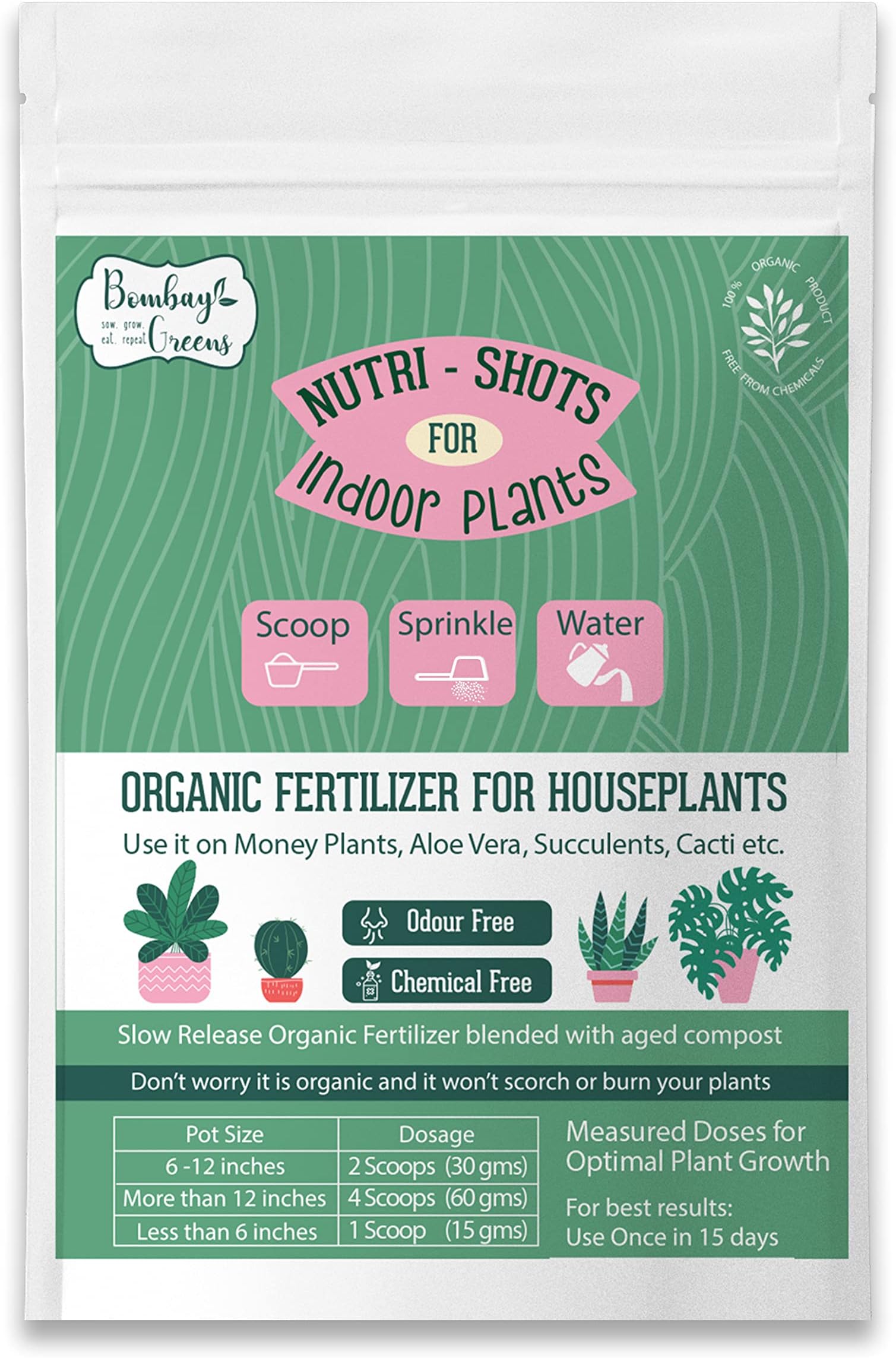Bombay Greens Organic Plant Food, For Indoor Bamboo, Jade, Snake, Cacti and Succulents | Organic Nutri-Shots | Natural Plant Booster for All House Plants