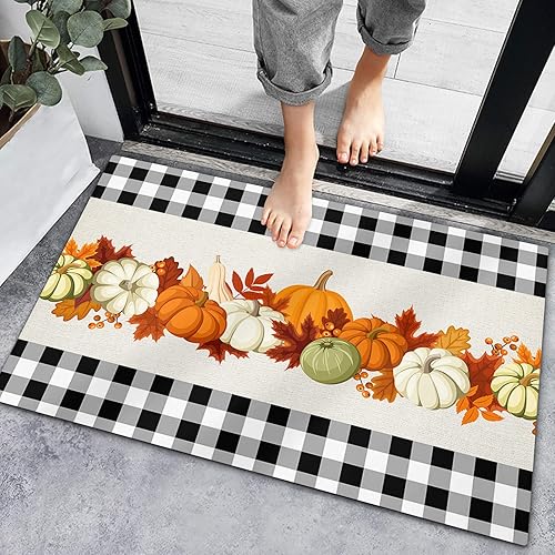 Bath Rugs Entrance Non Slip Front Door Mat Thanksgiving Fall Pumpkin Maple Leaves Kitchen Carpets Farm Buffalo Plaid Floor Mats for Bathroom Bedroom
