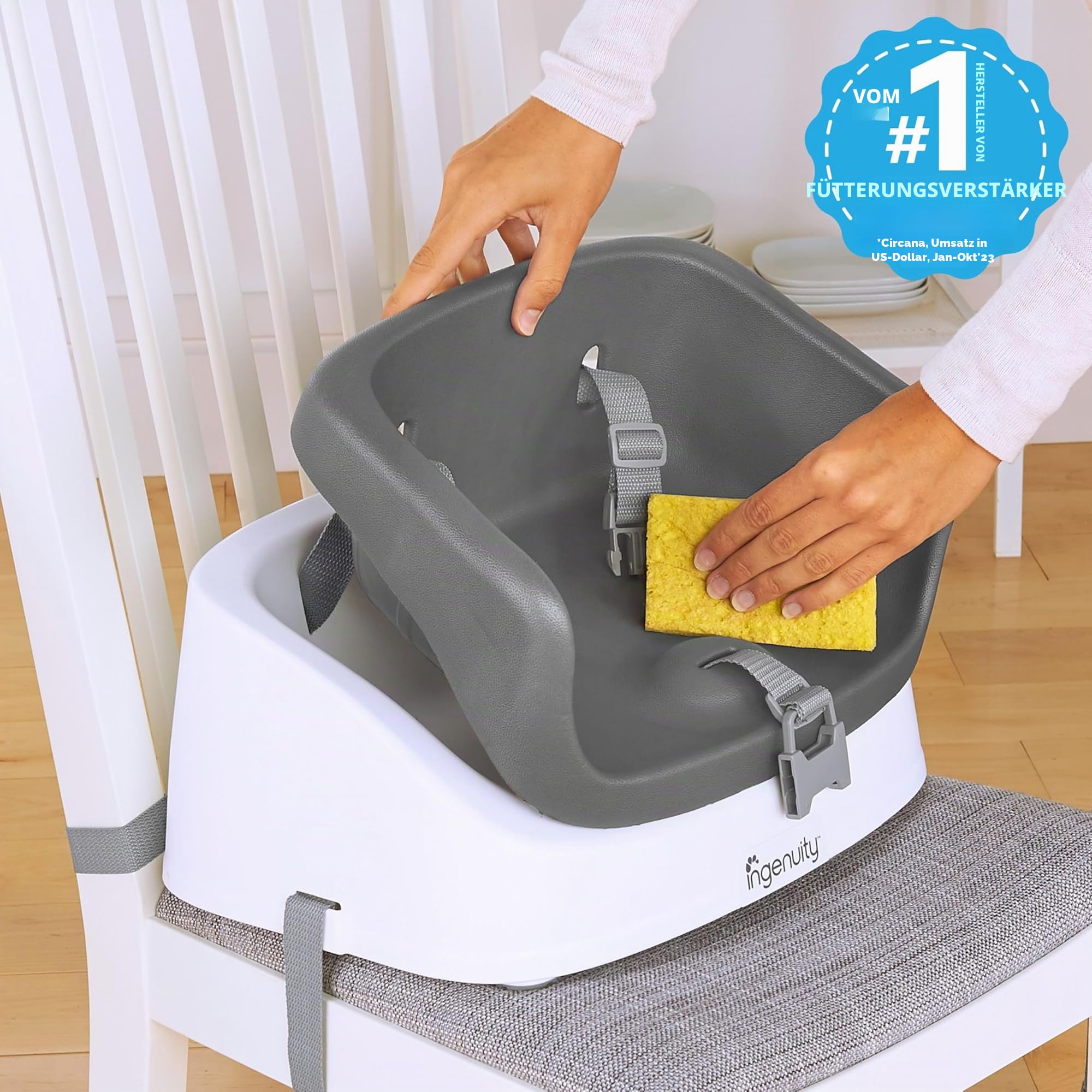 Ingenuity Sitzerhöhung Stuhl, Essen und Fütterung Sitz für Kleinkinder, Boostersitz mit Dreipunktgurt für mehr Sicherheit, leicht zu reinigen, ideal für unterwegs geeignet, ab 16 Monaten