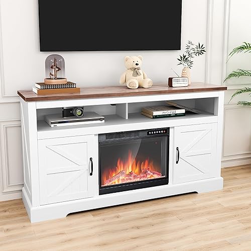 Cowsar Soporte de TV con chimenea de 60 pulgadas, chimenea envolvente de madera, calentador de chimenea independiente, llama LED ajustable, control