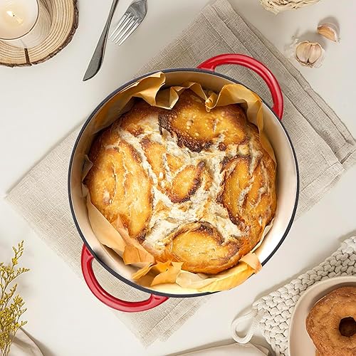 Miniatura 3 de Gacuray - Olla de horno holandés de hierro fundido esmaltado de 6.8 cuartos de galón con asas dobles Lidnd, resistente, antiadherente, color rojo