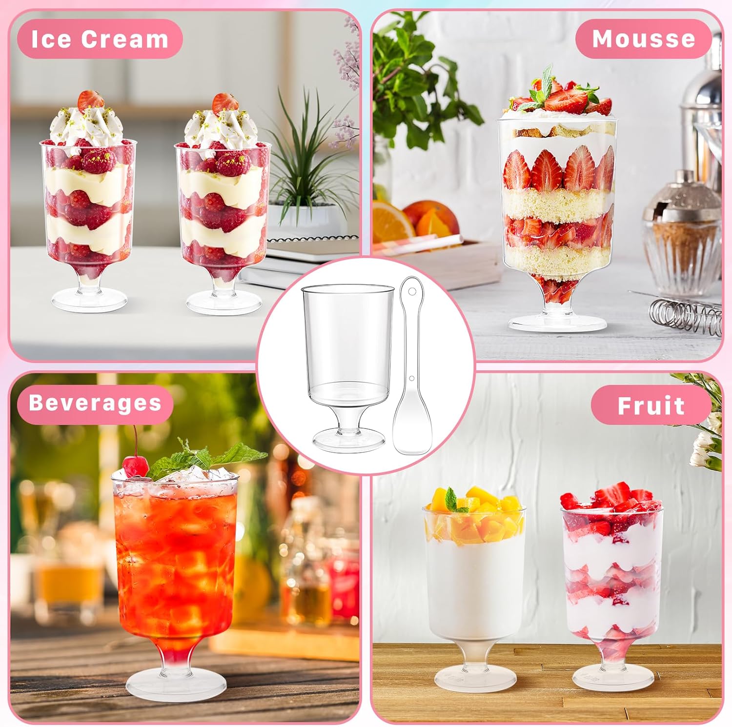 Jeffbaubl 50 Pack Mini Dessert Cups With Spoons, 4 Oz Clear Plastic Dessert Parfait Cup, Appetizer Cup Goblet for Party and Wedding Ice Cream Fruit Cake Pudding - Image 7