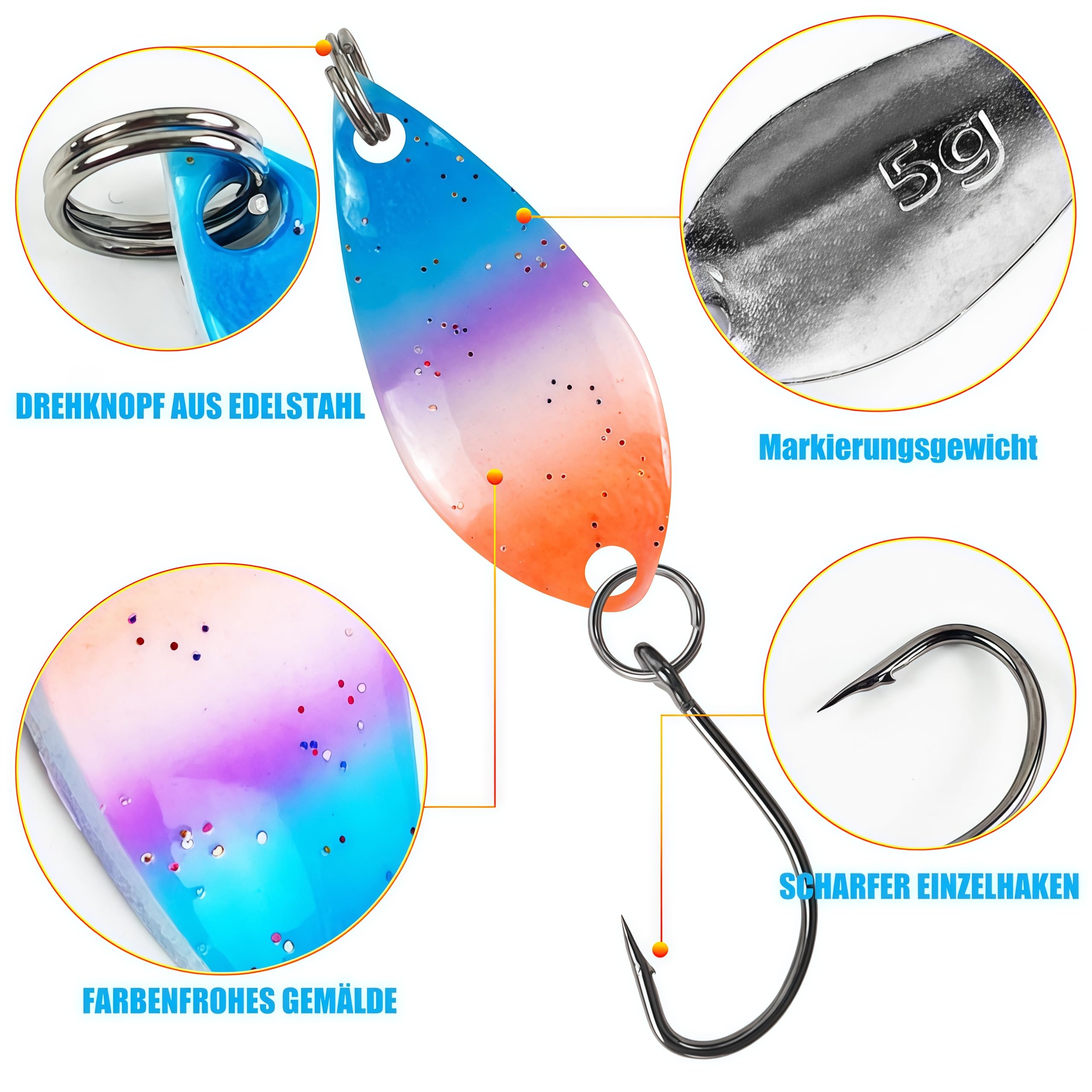 43 Stück Forellenköder, Spoons Forelle Blinker Angeln Set, Spinner Blinker Angeln Forellen Köder Forellen Spoon Set für Barsch, Zander, Hecht, Forelle, 2.3g/2.8g/3.3g/5g angelzubehör - 4