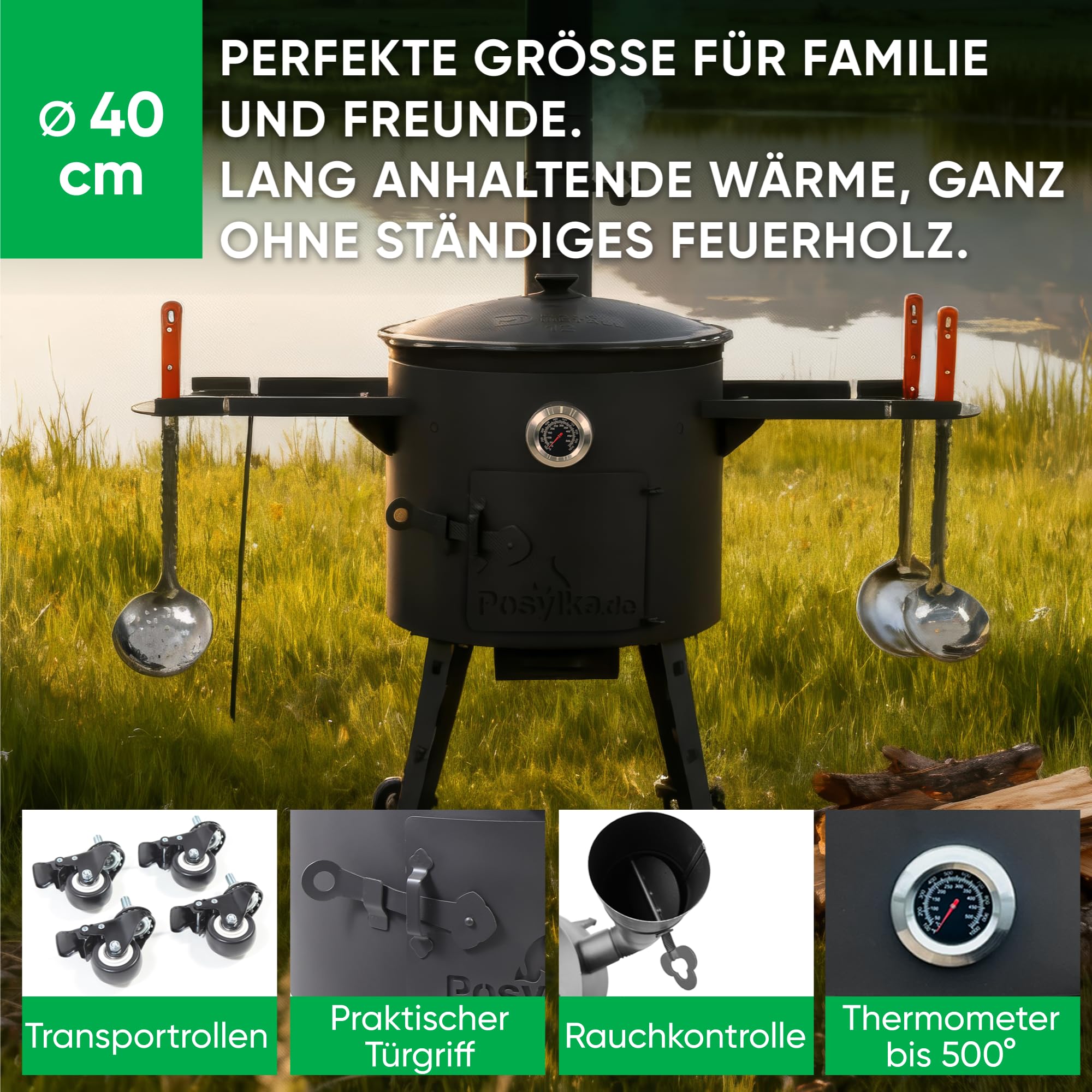 Utschak Feuerofen Ø 40cm mit Kazan Gusseisen 12L, Ø 42,5cm Kasan-Set mit Deckel Feuerschale Gulaschkanone