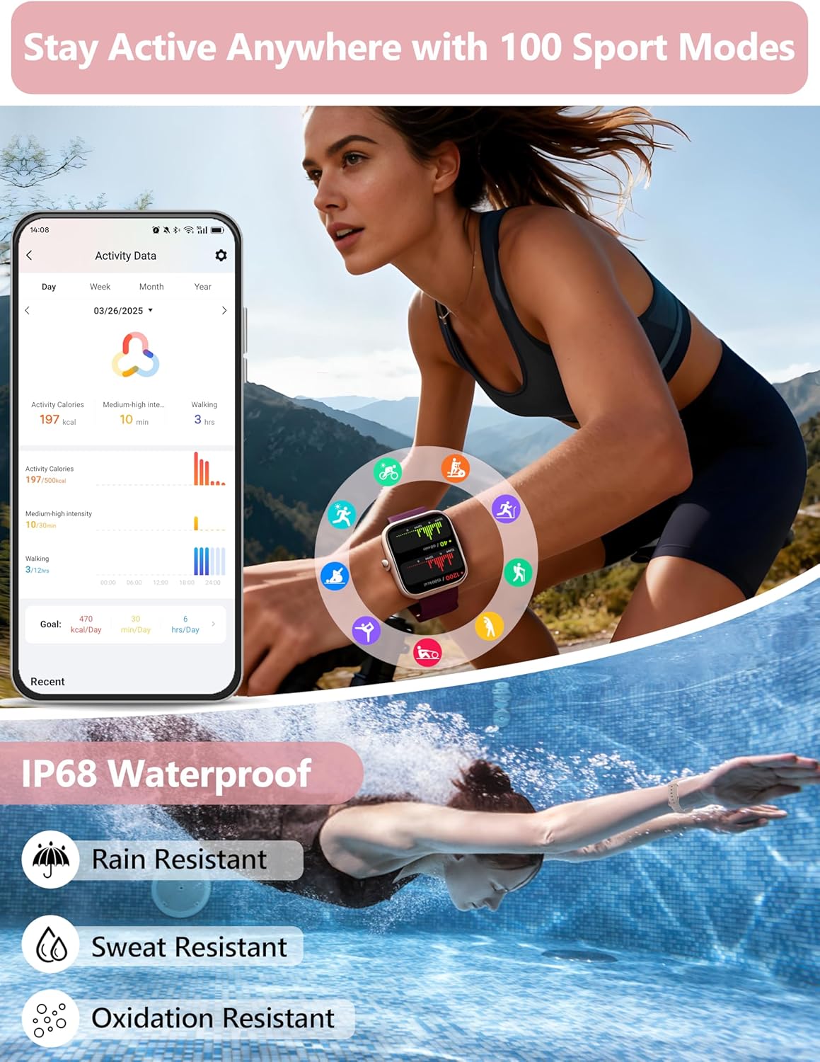 KALINCO Smart Watch Women [2 Bands, 44mm case] 1.83" Alexa Fitness Tracker, Heart Rate, Sleep, Stress Monitor, IP68 Waterproof Smartwatch, Make/Answer Calls, Compatible with iPhone & Android Phones