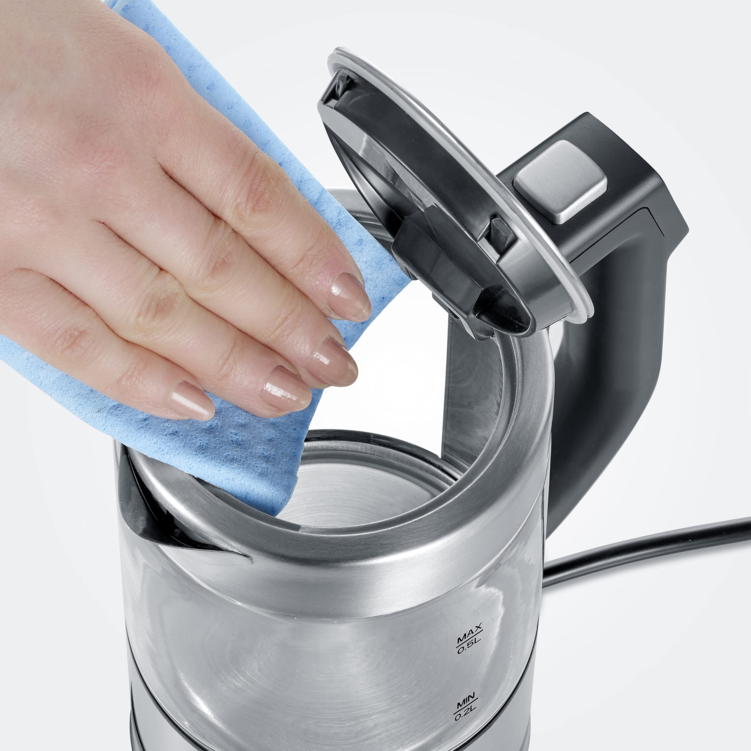 SEVERIN Bouilloire en verre 100% sans BPA, 1 100 W, Petite bouilloire réglable par palier de 5°C, Capacité : 0,5 L, Fonction Maintien au chaud, Bouilloire électrique compacte, verre/inox, WK 3458
