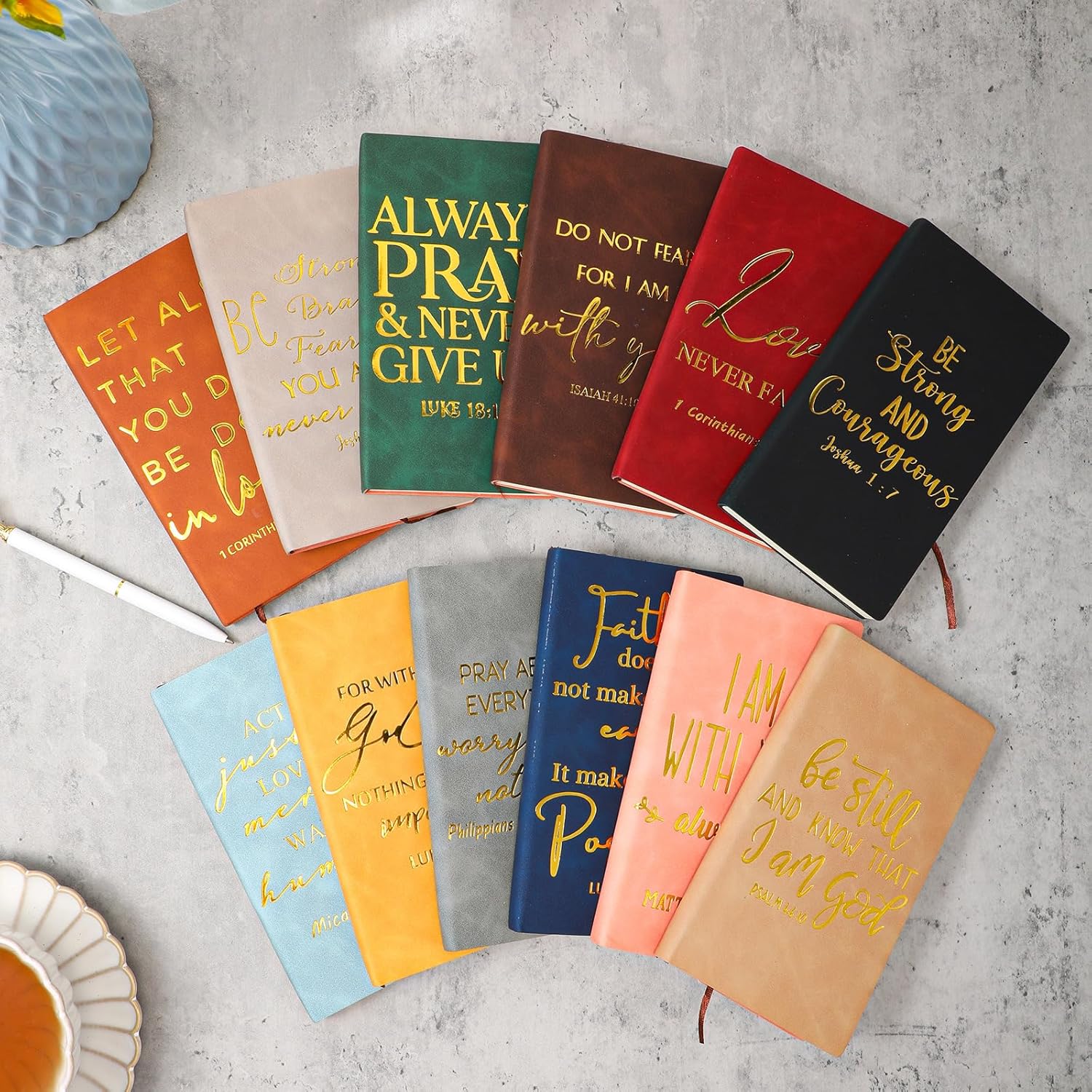 TaoBary 12 Pcs Christian Gifts Prayer Journal for Men Bulk Bible Verse Leather Notebook Party Gifts for Church Mother's Day Mom Dad Teacher Inspirational Religious Journal (Plain Colors)