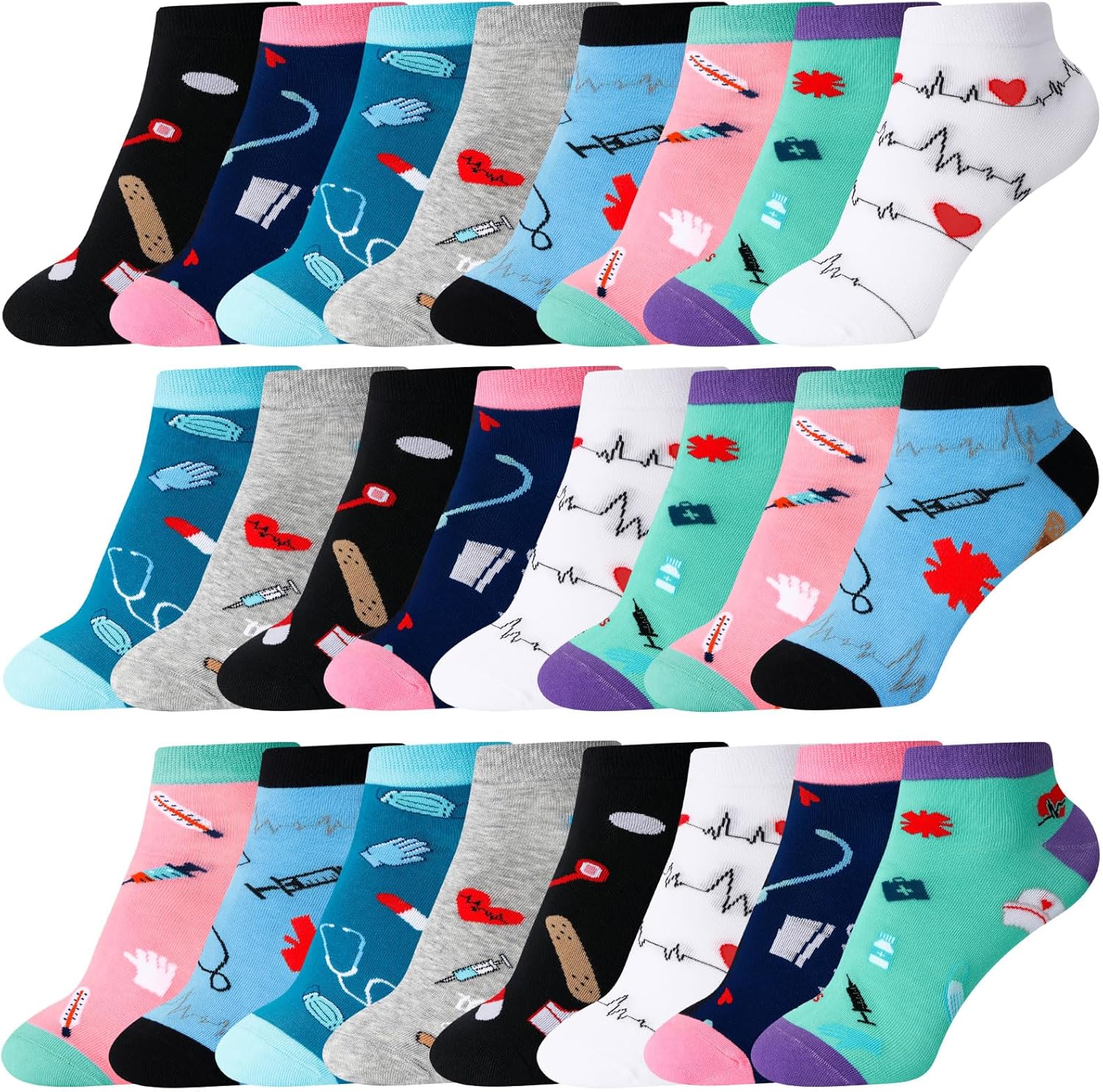Chuarry 24 Pairs Novelty Nurse Socks Dental Christmas Appreciation Gifts Ankle Socks for Nurse Doctor Workers Xmas, 8 Styles