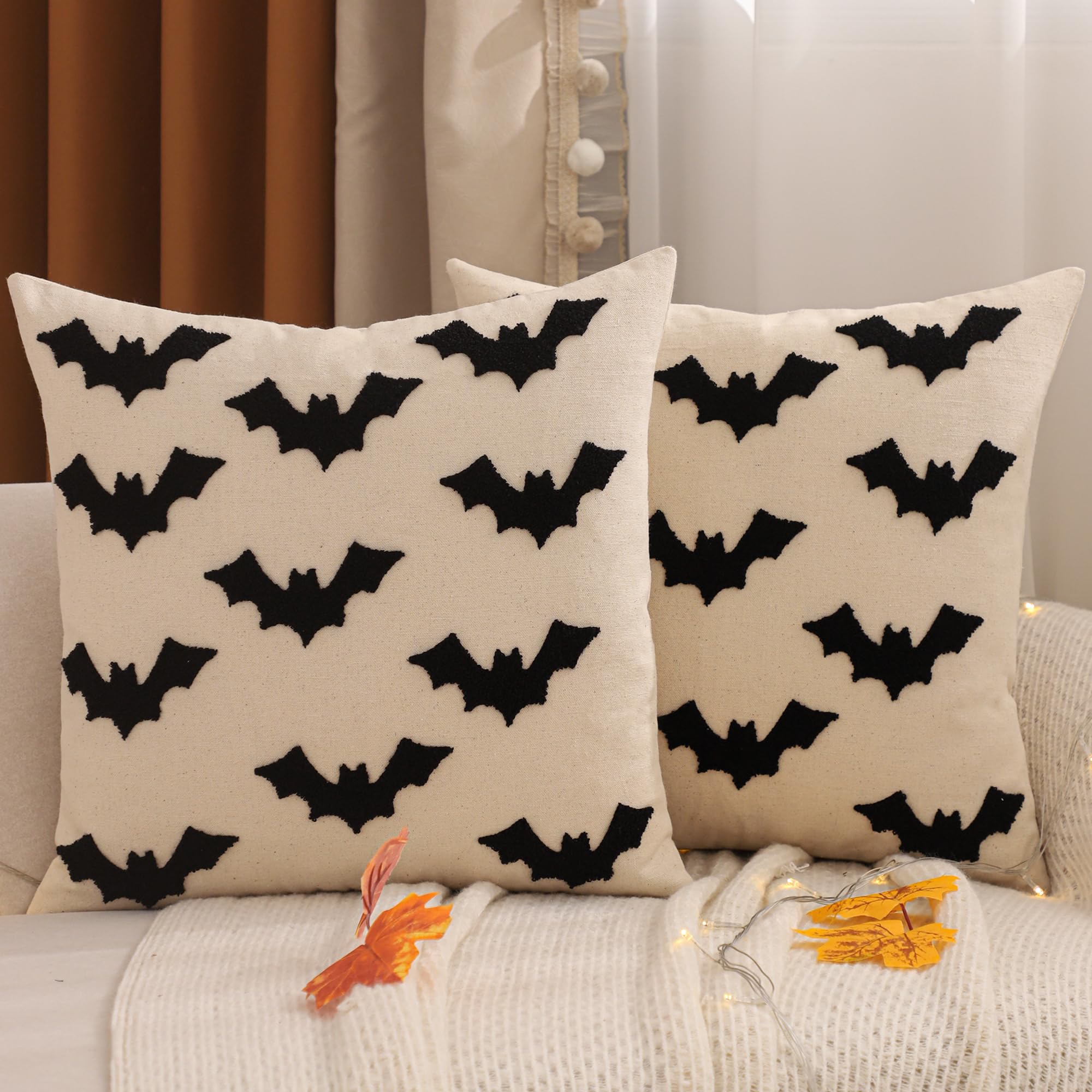 2 Stück Halloween Kissenbezug 45 x 45 cm Bestickte Fledermaus Zierkissen | Tufting Fledermaus Dekoration,Baumwolle Leinen,Sofakissen für Wohnzimmer Sofa,Garten Schlafzimmer Outdoor,Couchkissen