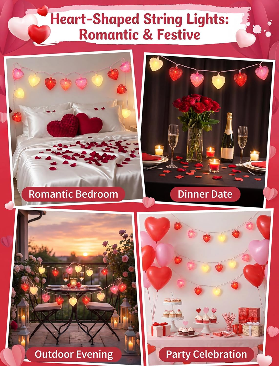12Ft Red Pink White Heart String Lights, 20 LED 3D Glitter Hearts Plug in Fairy Lights, Connectable Waterproof Valentine's Day Decorations for Bedroom, Window, Wedding, Anniversary, Indoor Outdoor