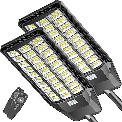 Dimgogo Paquete de 2 luces solares de calle de 6000 W, 400000 lúmenes, luces solares de inundación del atardecer al amanecer, sensor de movimiento