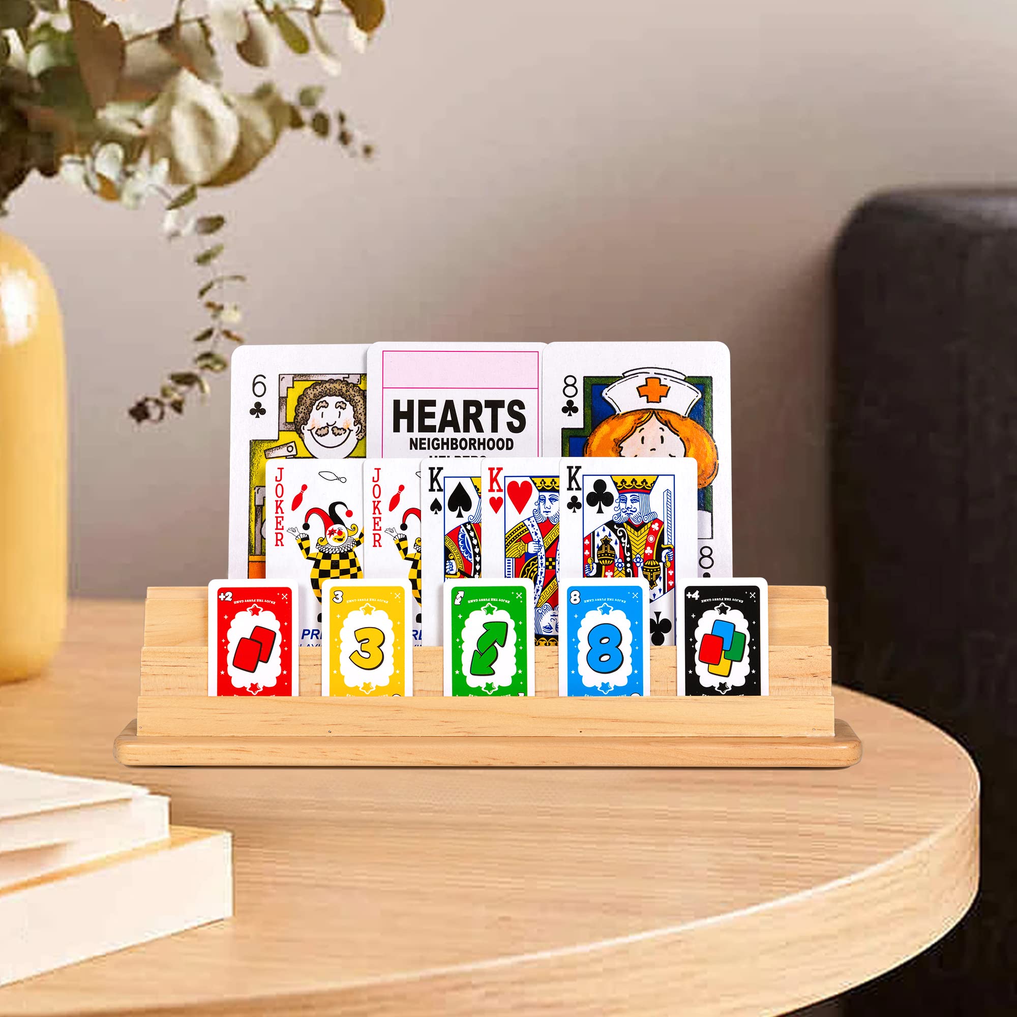 wefaner Porta carte da gioco per carte da gioco, 2 pezzi, in legno, mantiene sempre la panoramica, supporto per carte da gioco, per anziani e bambini