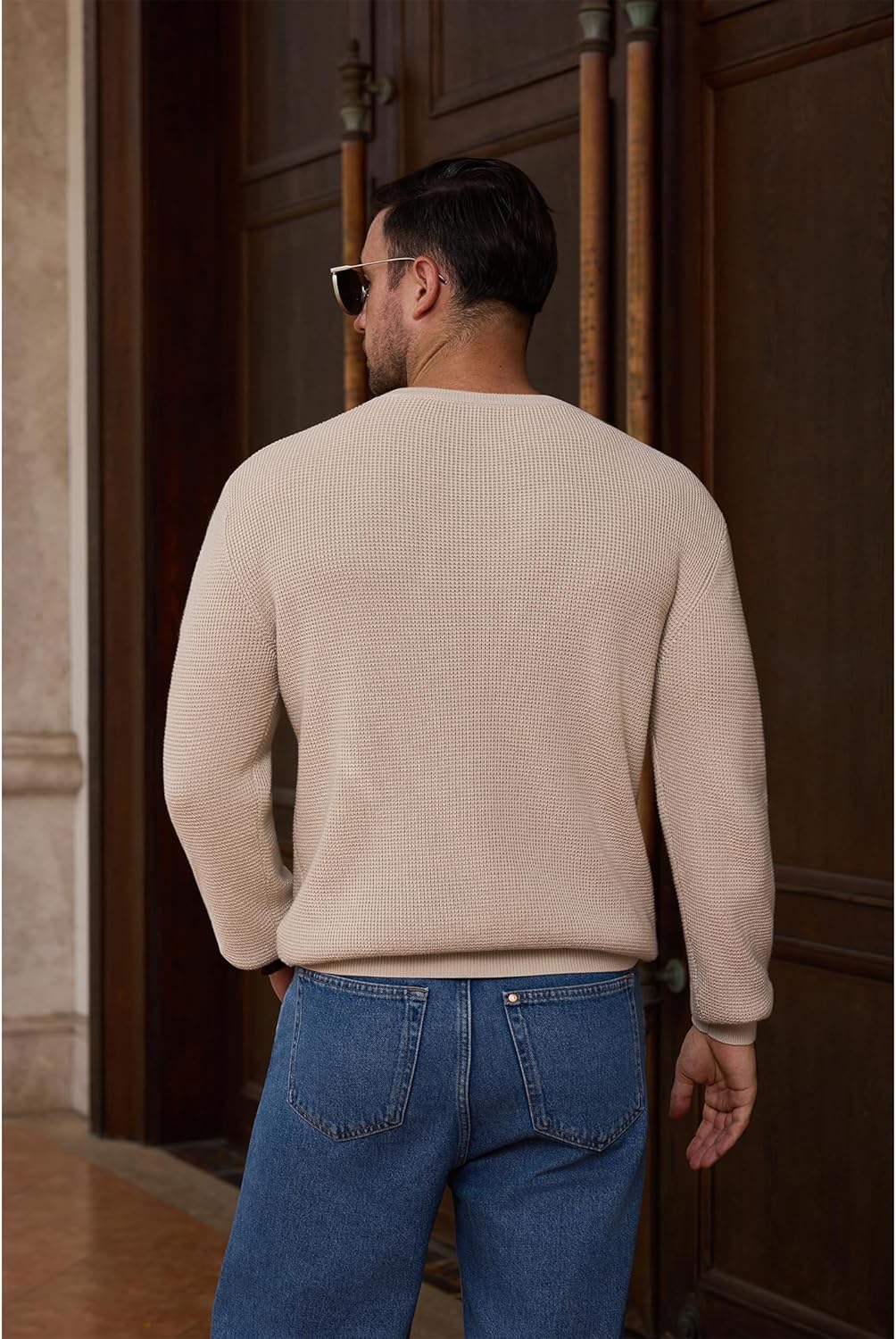 Vssjavun Mens Crewneck Sweater Winter Waffle Texture Raglan Sleeve Knitted Thermal Pullover Sweaters - Image 4