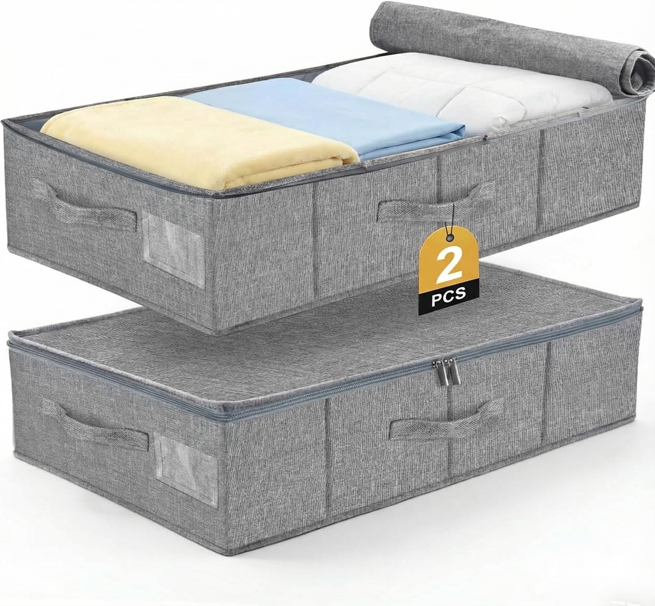Toyzy 2er Set Unterbett Aufbewahrungsbox 17cm Hoch - Unterbettkommode mit Decke aus Leinenmaterial, 3 Griffen + Doppelreißverschluss, Bettkasten Aufbewahrung für Bettwäsche und saisonale Kleidung