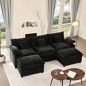 108" U Shaped Couch, Modular Sectional Sofa, 3-Seater Comfy Cloud Couch with Movable Ottoman, Deep Seat Couches for Living Room, Chenille, Black