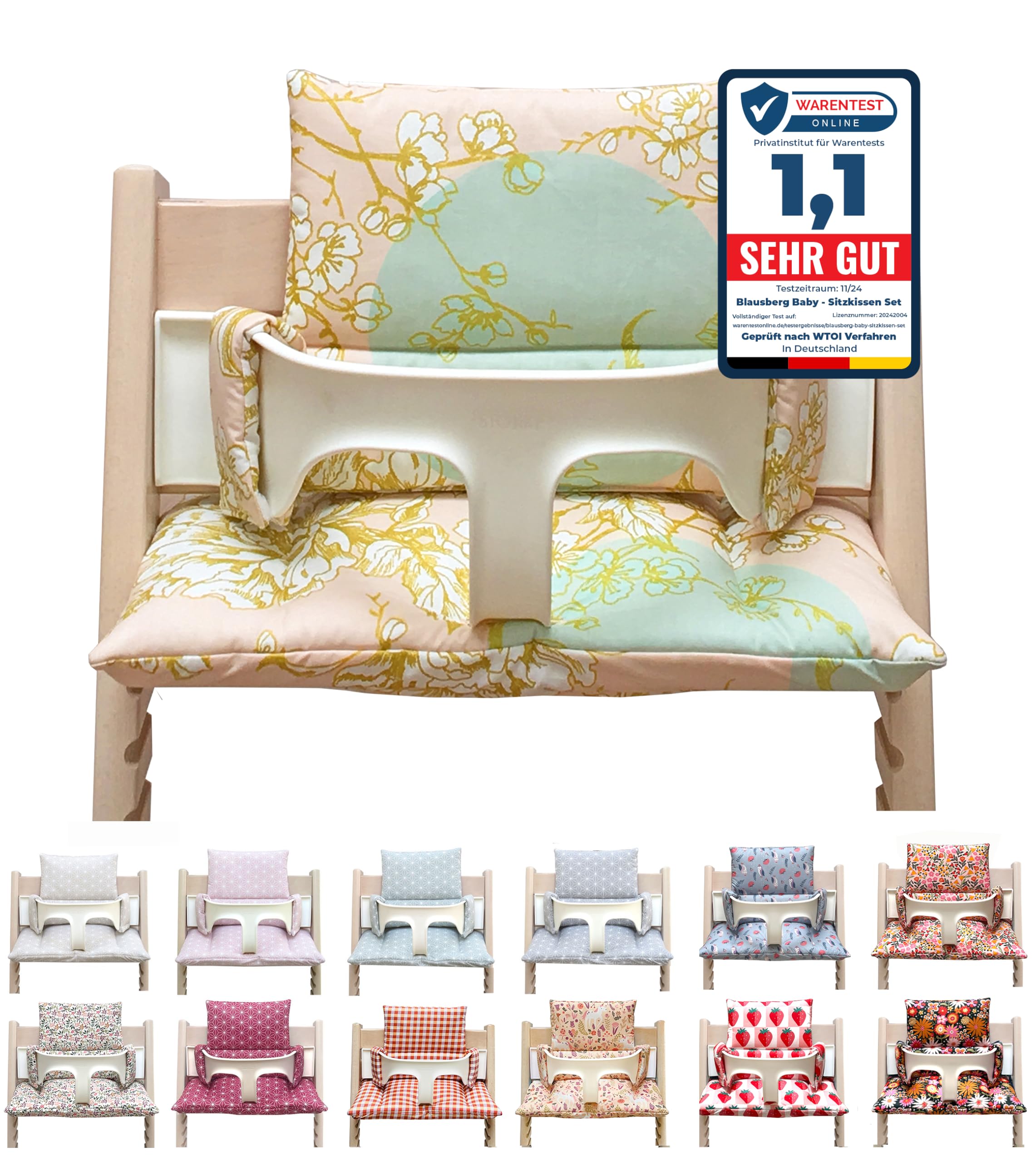 Blausberg Baby - BESCHICHTET - Sitzkissen Kissen Set Polster für Stokke Tripp Trapp Hochstuhl - Cherry Blossom Rosa Mint Gold
