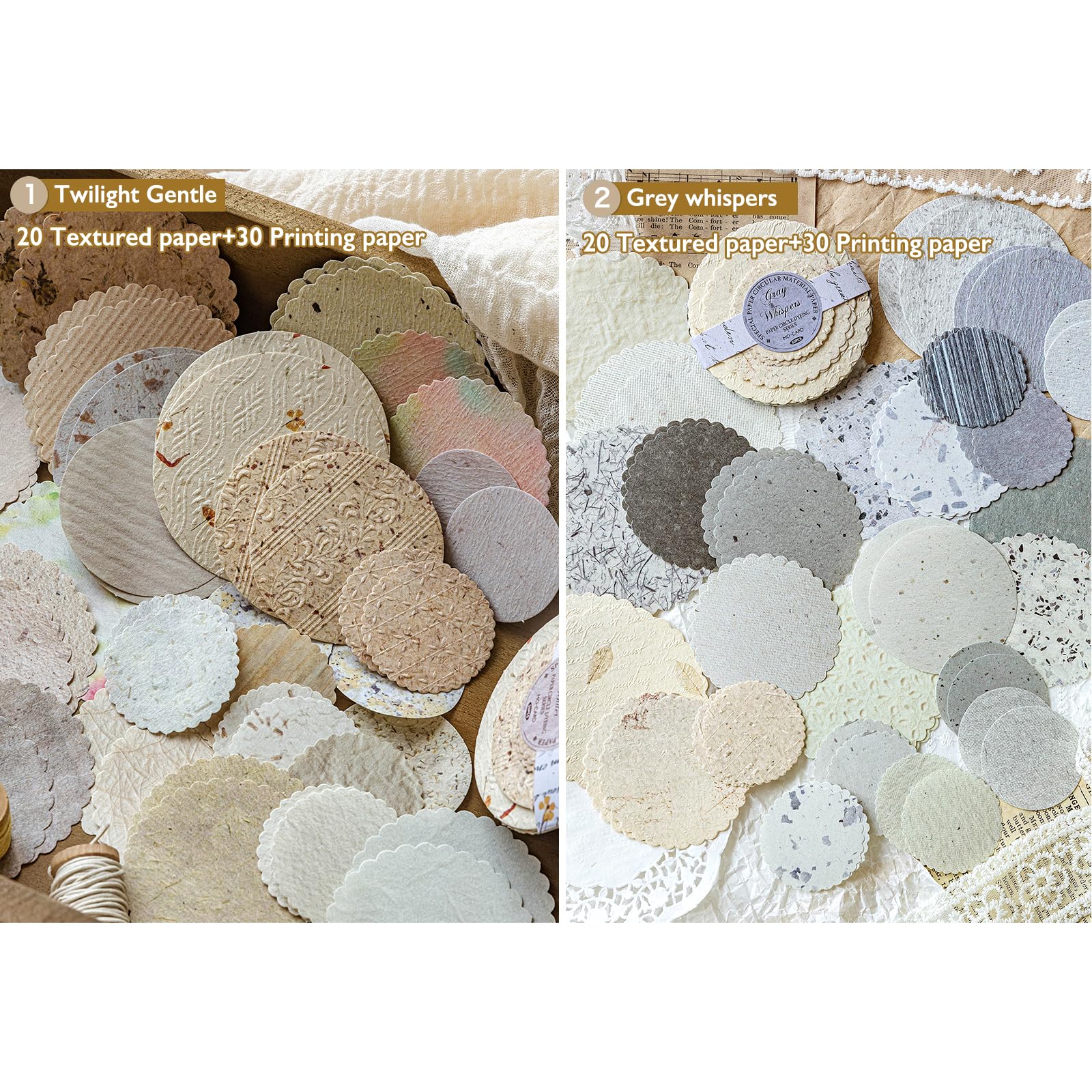 300 Stück rundes Scrapbook-Papier – 6 Stück, geprägtes, strukturiertes und bedrucktes Reispapier, Spitzenrand, verschiedene spezielle Karten, Mischung für Scrapbooking, Junk, Journaling, Zubehör