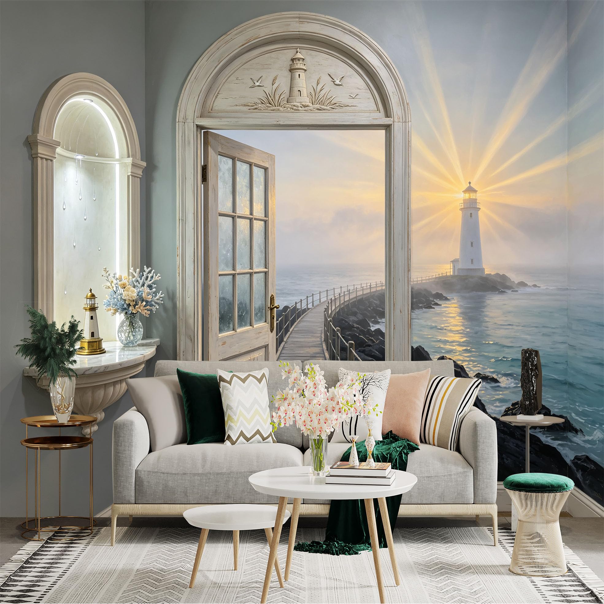 Custom Size Wall Sticker Mural， Coastal Lighthouse Sunrise Ocean Pier Seascape， for wall Decoration， peelandstick wall Decals.