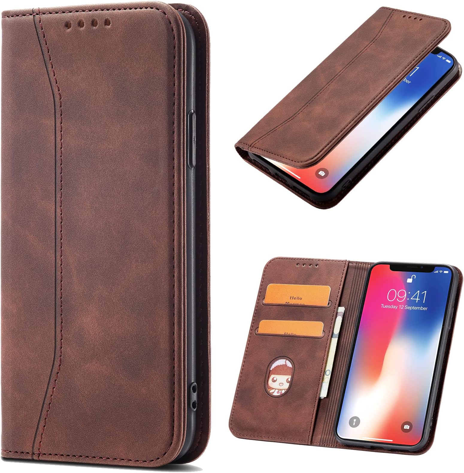 Compatible with OnePlus 9 Pro Case, Magnetic Leather Mobile Phone Case for OnePlus 9 Pro, Premium Leather Flip Foldable Card Slots Shockproof Stand Function (Brown)