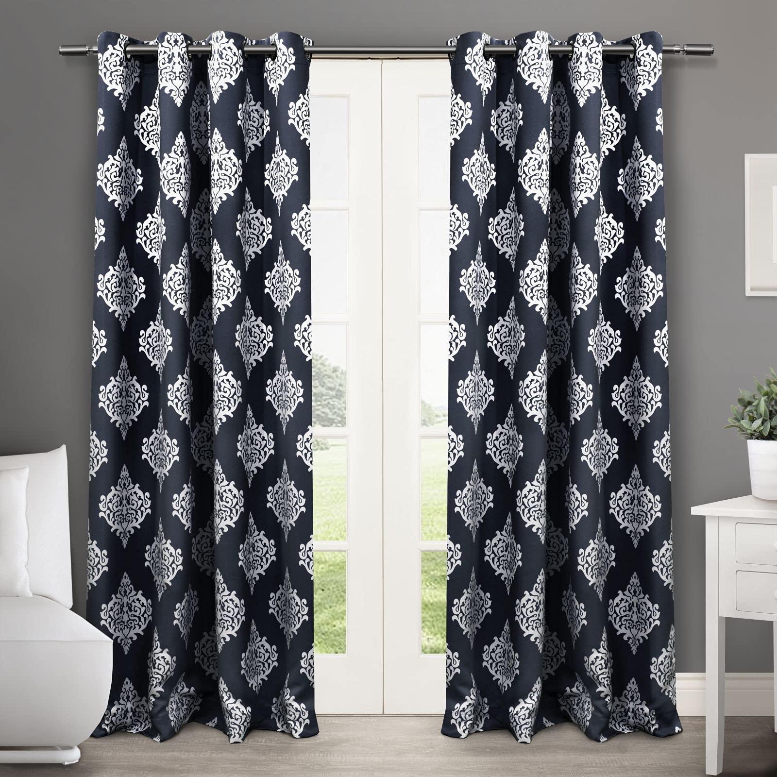 EXCLUSIVE HOME Medallion Room Darkening Blackout Grommet Top Curtain Panel Pair, 52"x84", Peacoat Blue