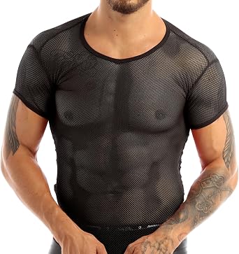 Freebily Mens Breathable Fishnet See Through Short Sleeve T-Shirt Tank Top Undershirt Clubwear