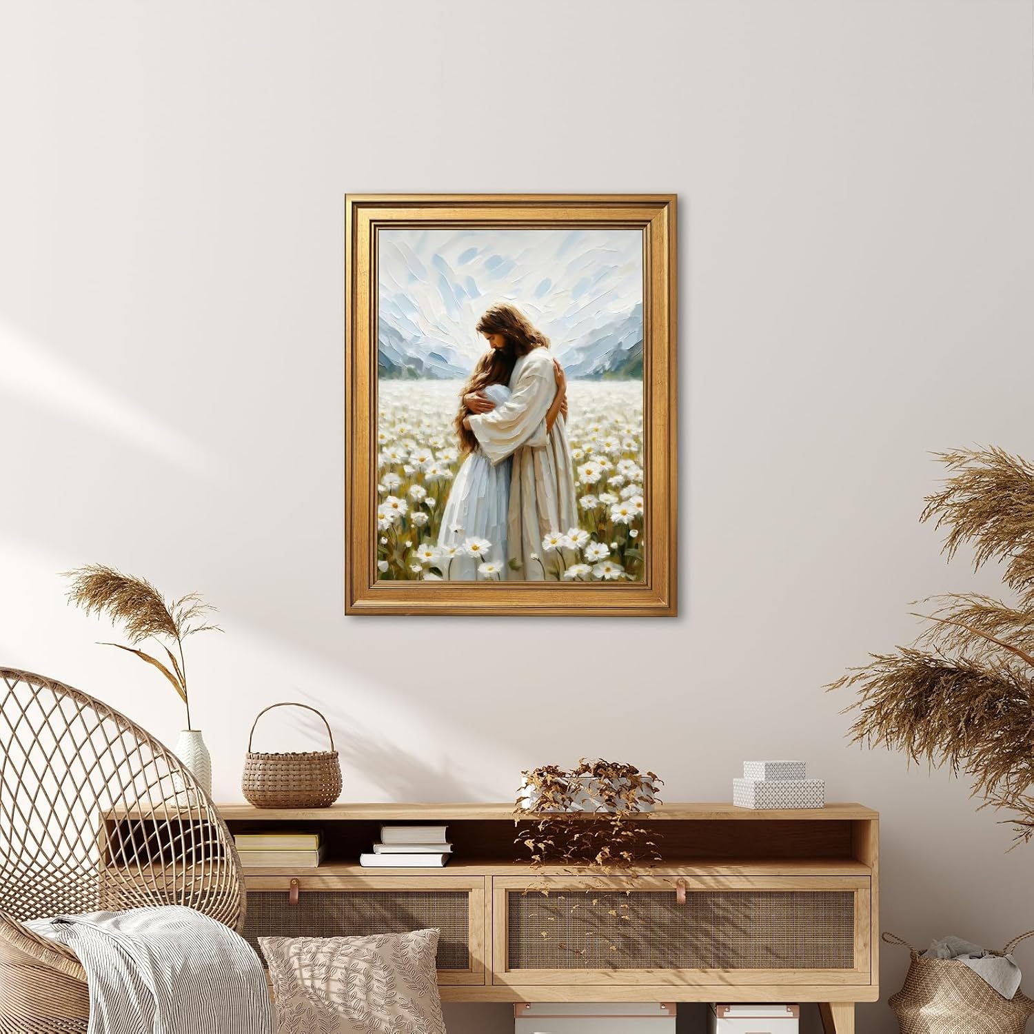 Large Framed Christian Jesus Embrace Canvas Wall Art Vintage Embracing Woman in Daisy Field Oil Painting Poster Inspirational Religious Faith Inspired Artwork Print for Home Decor 24x36inch