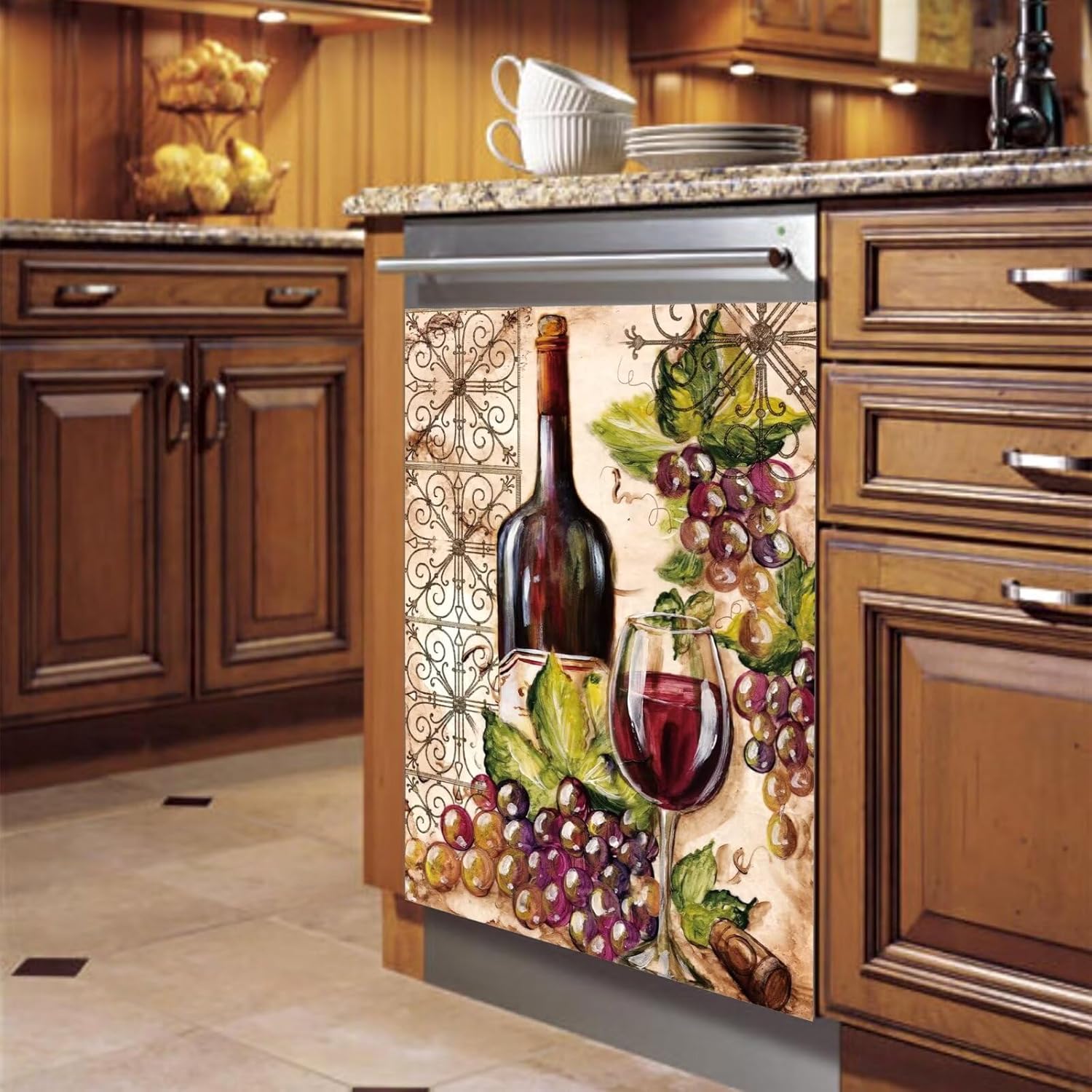 Vineyard Dishwasher Magnet Rustic Wine Bottle Dishwasher Cover, Red Wine Bottle for Refrigerator Magnet Grape Decal, Red Wine Fridge Door, Farmhouse Home Appliances Panels Stickers 23" Wx 26" H