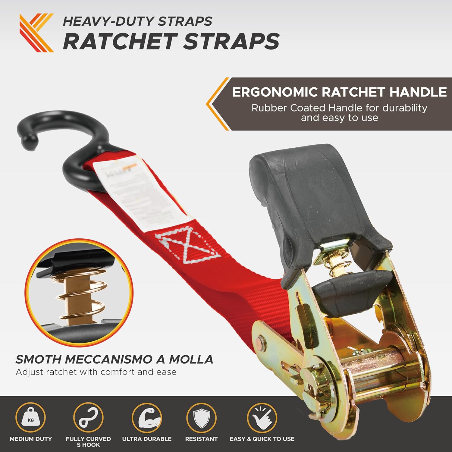 KODIAK STRAPS Ratchet Straps Heavy Duty Tie Down Strap Set 2200 Break Strength – 1" x 17' 4pk with Soft Loops Cargo Truck Bed Tie Downs – Coated Deep S-Hook & Carry Bag for Securing Cargo Red