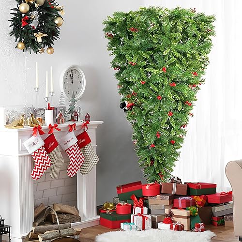 Lifeand Árbol de Navidad de 7.5 pies al revés con bayas artificiales y patas de Papá Noel, agujas de pino de PVC, pino artificial de Navidad