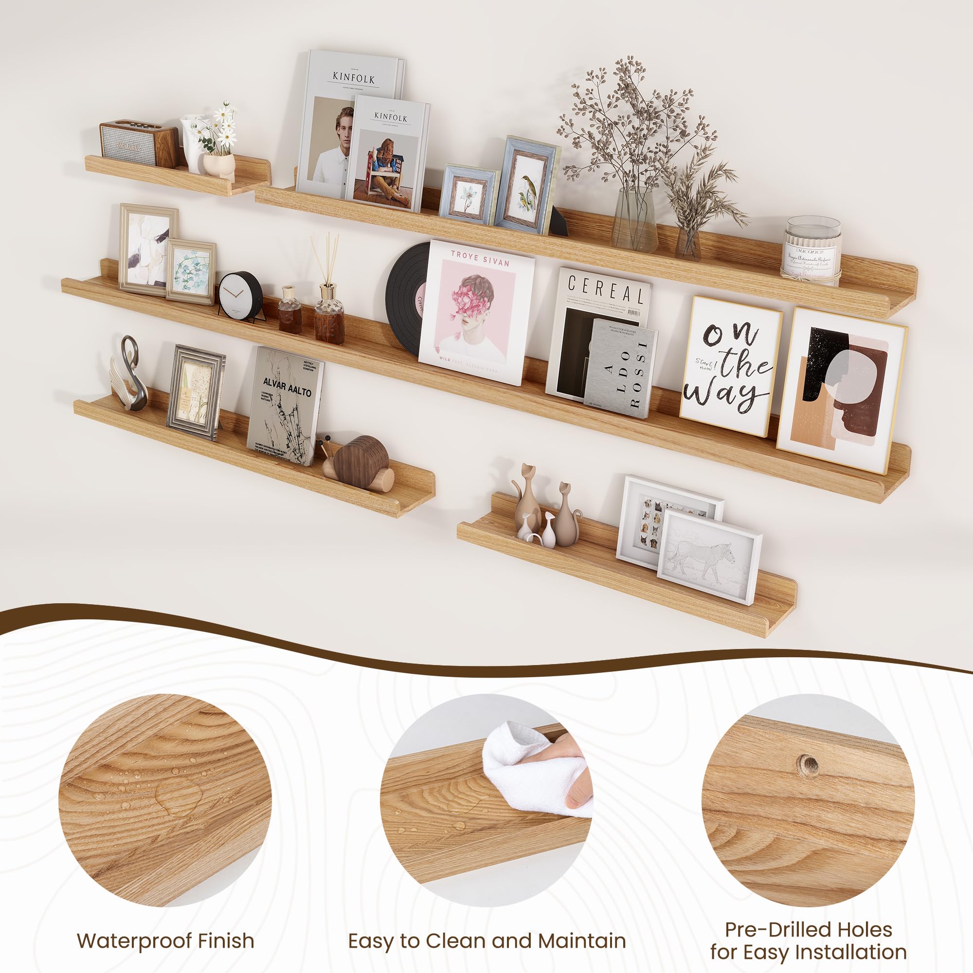 FLYJOE Estante para fotos, juego de 2 estantes flotantes de madera de fresno maciza, estantes flotantes de madera natural de 36 pulgadas con borde, estante largo para fotos para pared con repisa,