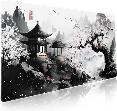 Black Whtie Japanese Gaming Mouse Pad XXL Anime Sakura Cherry Blossom Tree Extended Large Mat Mousepad Desk Pad Non-Slip Rubber Base Stitched Edge Keyboard Pad Playmat for Computer,35.415.7 Inch