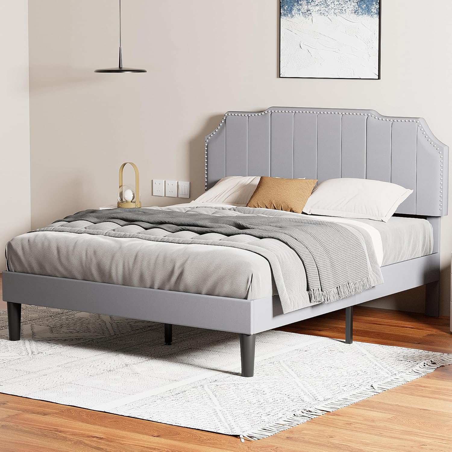 VECELO Queen Bed Frame Upholstered Platform with Tufted Adjustable Headboard/Mattress Foundation/Wood Slat Support,Easy Assembly,Dark Grey
