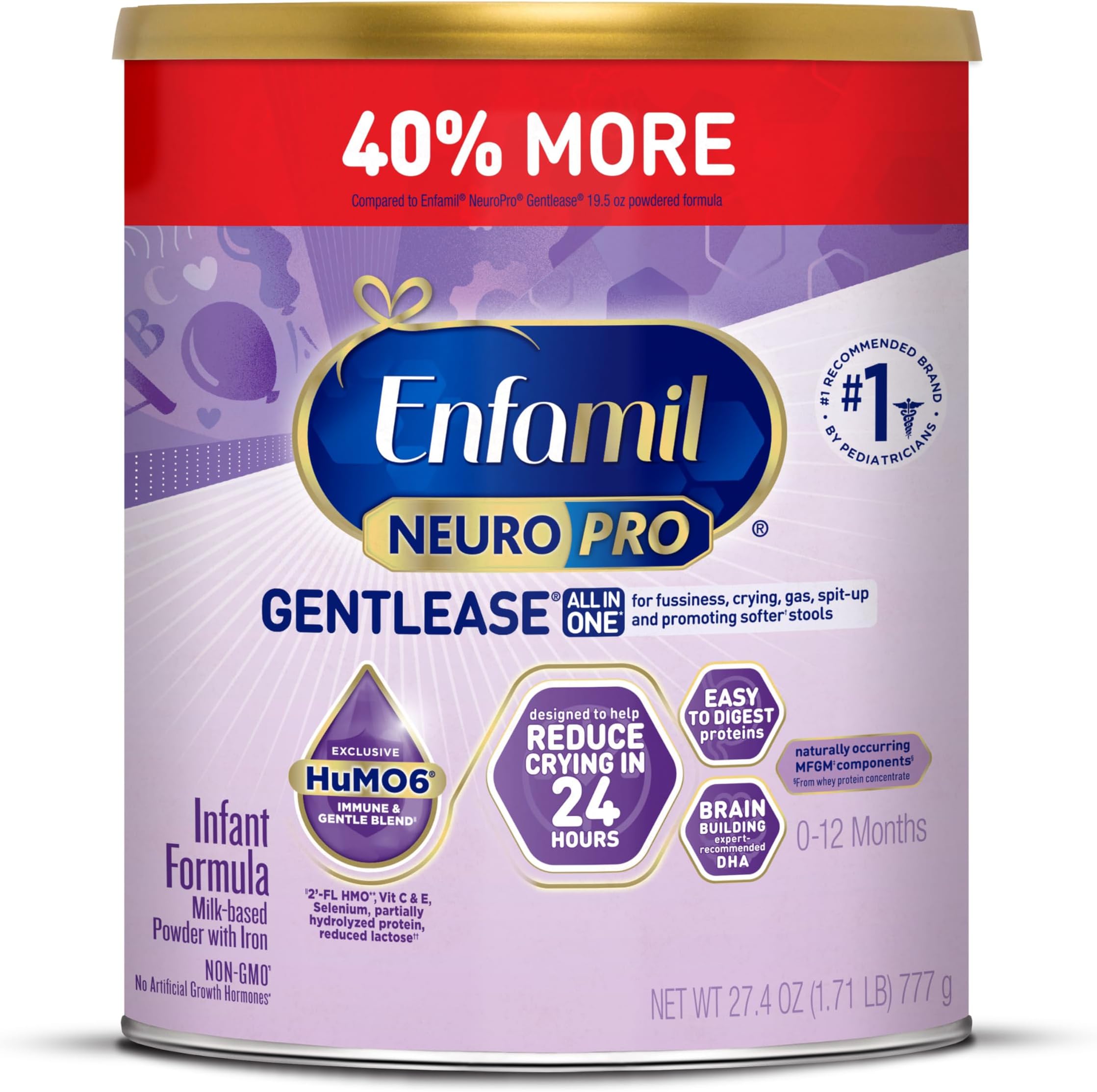 Enfamil NeuroPro Gentlease for easing Fussiness, Crying, Gas, Spit-up in 24 Hrs, Smaller Proteins for Easy Digestion, Brain Supporting DHA, Prebiotic Blend, HuMO6*, Baby Formula, 27.4 Oz Can