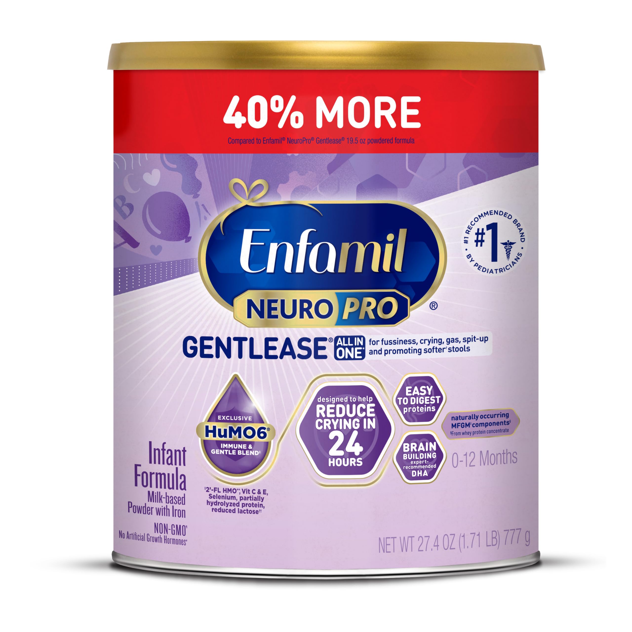 Enfamil NeuroPro Gentlease Baby Formula, Brain Building DHA, HuMO6 Immune Blend, Designed to Reduce Fussiness, Crying, Gas & Spit-up in 24 Hrs, Prebiotics to Promote Softer Stools, Baby Milk, 27.4 Oz