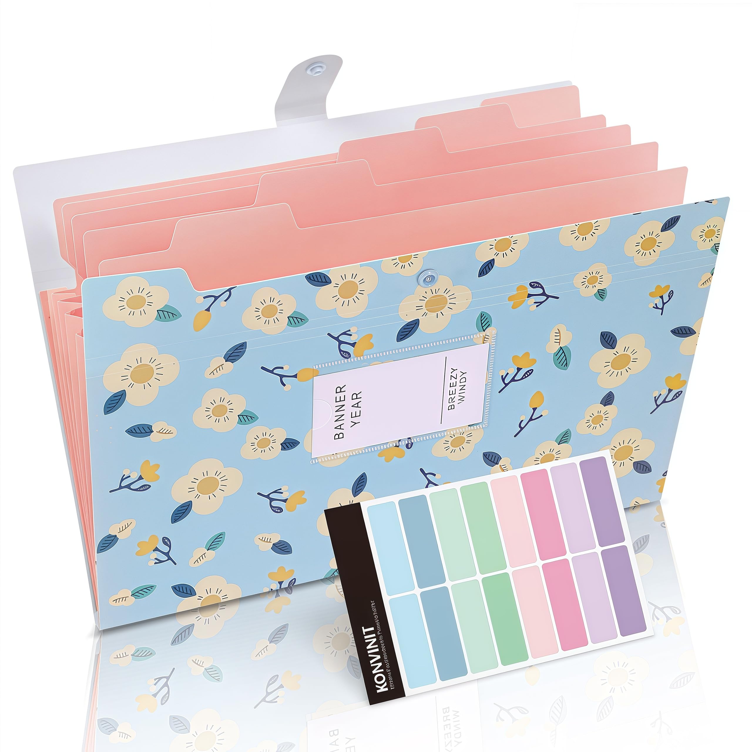 KONVINIT 2 Pack Expanding File Organiser A4 Expanding File Folder with 5 Pockets Floral Printed High Capacity Document Organiser with Snap Button for Classroom Home Office Blue&Pink - Image 2