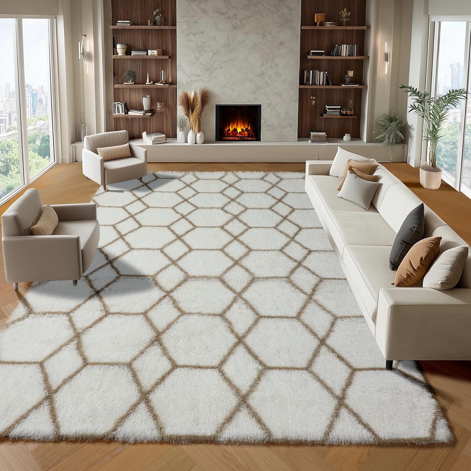 ONASAR 8x10 Area Rugs for Living Room, Fluffy White and Beige Bedroom Rug, Washable Geometric Boho Large Soft Plush Shaggy Fuzzy Floor Carpet for Nursery Kids Classroom Playroom Dorm Home Decor 8' x 10' (Rectangular) 3- White / Beige