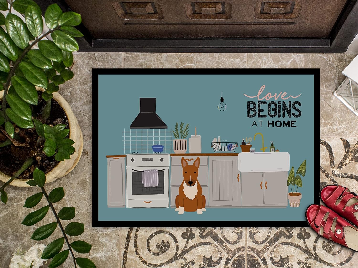 Caroline's Treasures CK7838JMAT Red Bull Terrier Kitchen Scene Doormat 24x36 Front Door Mat Indoor Outdoor Rugs for Entryway, Non Slip Washable Low Pile, 24H X 36W