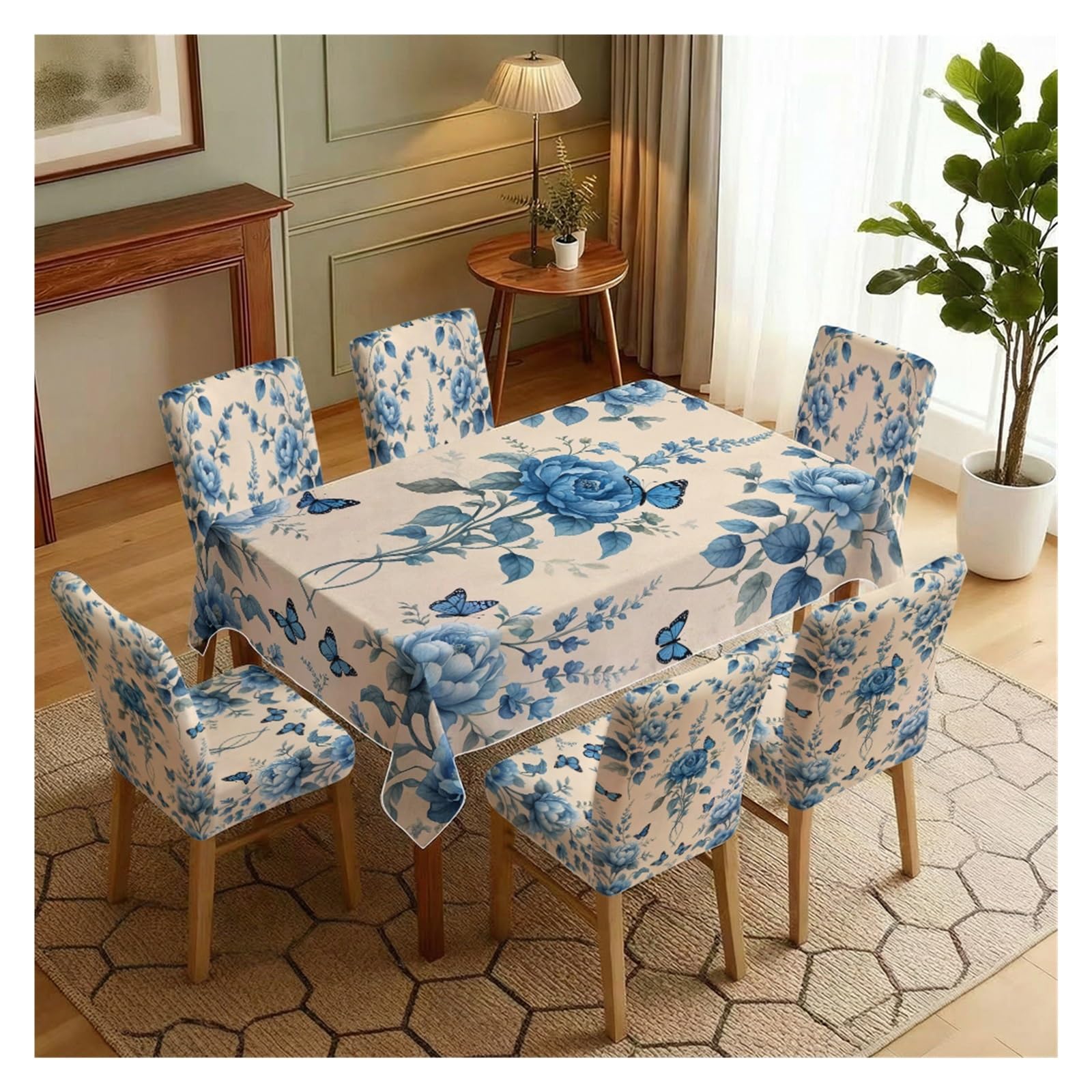 KXUAUV Cream Base Blue Peony & Butterfly Floral Print Dining Tablecloth & Chair Covers Set, 5/7 Piece Vintage Chinoiserie Cottage Dining Decor Party Decor(7pcs Set: Tablecloth+Chair Covers)