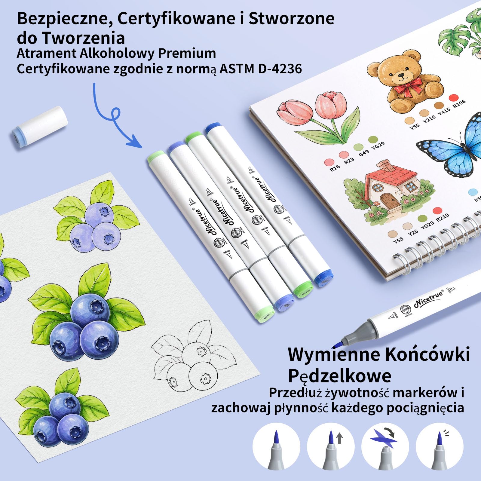 Markery Alkoholowe 60 Kolorów Pędzel i Dłuto do Rysowania | Szybkoschnący tusz, płynne blendowanie, wymienne końcówki i możliwość uzupełniania tuszu